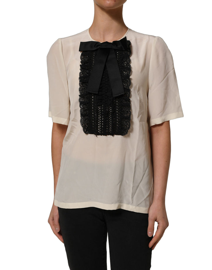 Dolce &amp; Gabbana Beige Lace Trim Bow Short Sleeves Blouse Top