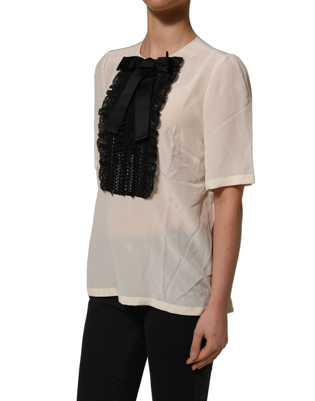 Dolce &amp; Gabbana Beige Lace Trim Bow Short Sleeves Blouse Top