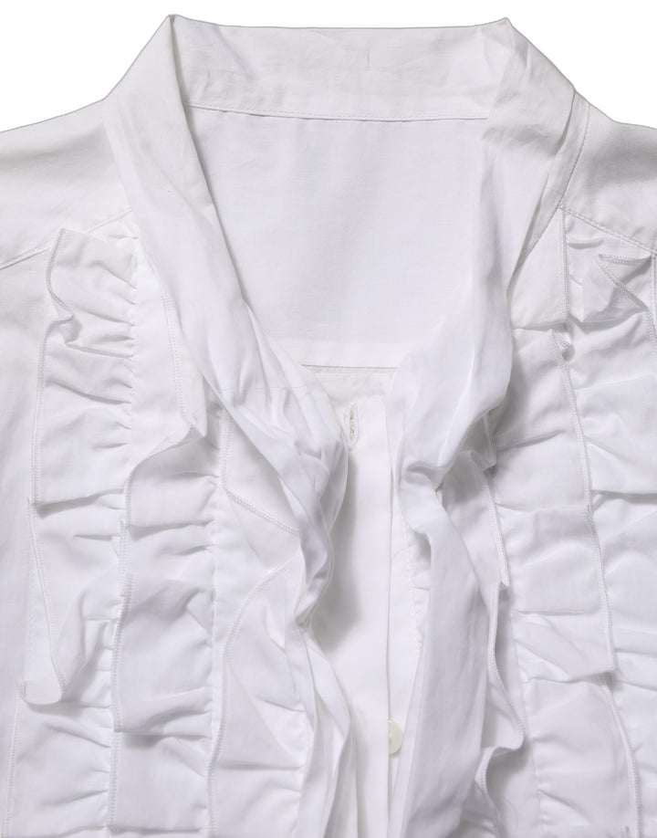 Dolce &amp; Gabbana White Ruffled Bib Long Sleeves Blouse Top
