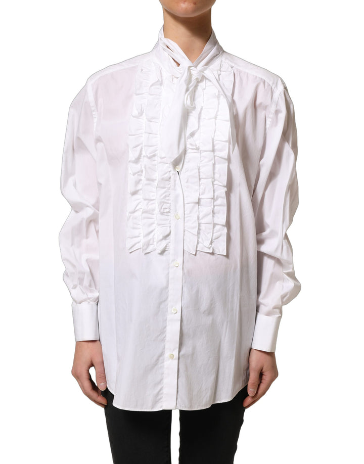 Dolce &amp; Gabbana White Ruffled Bib Long Sleeves Blouse Top