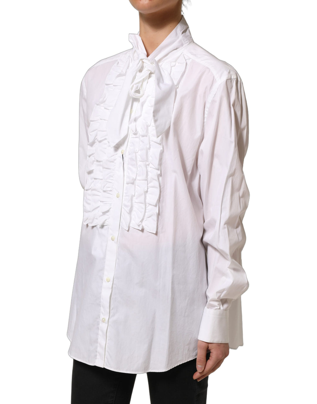 Dolce &amp; Gabbana White Ruffled Bib Long Sleeves Blouse Top