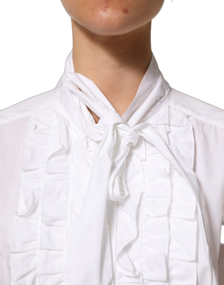 Dolce &amp; Gabbana White Ruffled Bib Long Sleeves Blouse Top