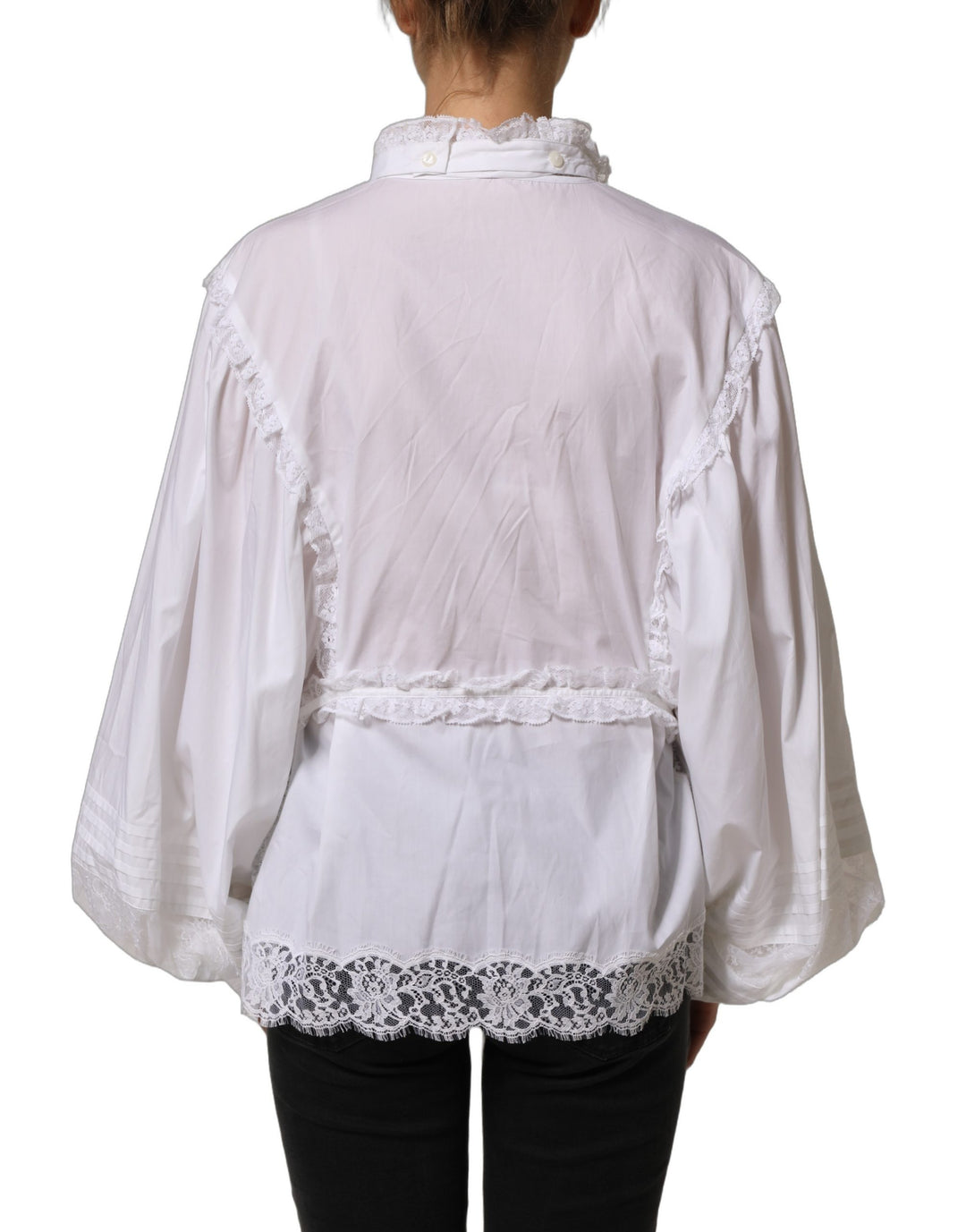 Dolce &amp; Gabbana White Ruffled Lace Embellished Blouse Top