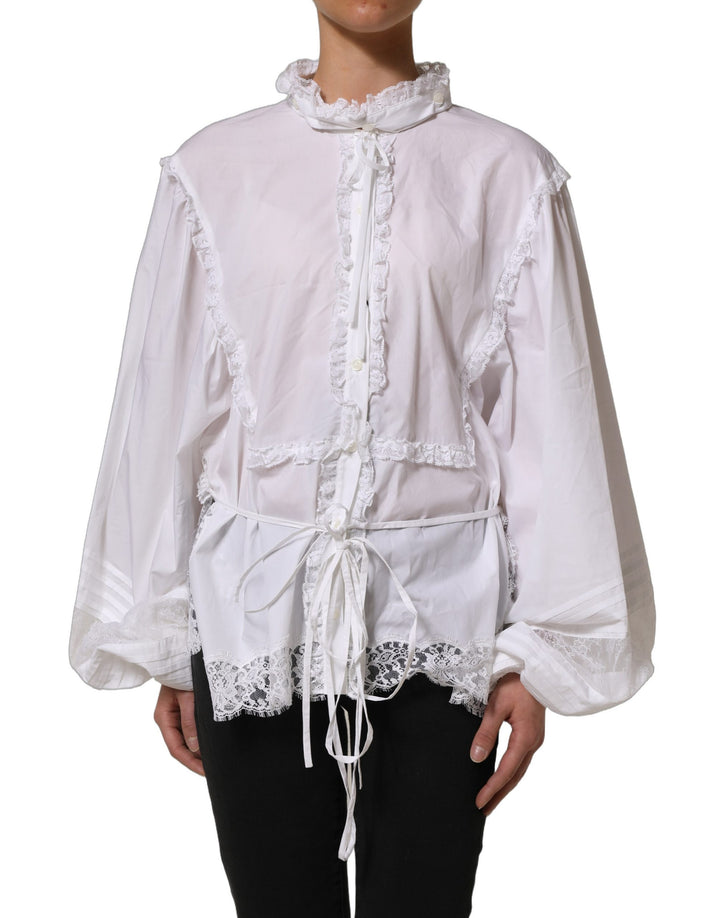 Dolce &amp; Gabbana White Ruffled Lace Embellished Blouse Top
