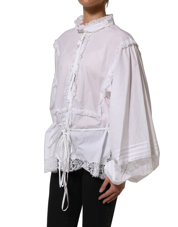 Dolce &amp; Gabbana White Ruffled Lace Embellished Blouse Top