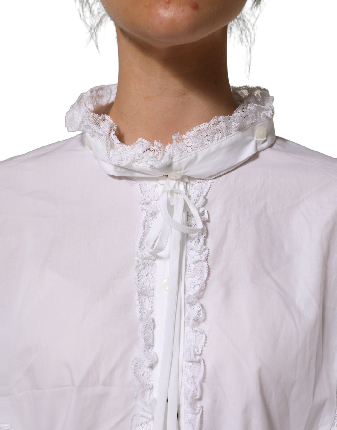 Dolce &amp; Gabbana White Ruffled Lace Embellished Blouse Top