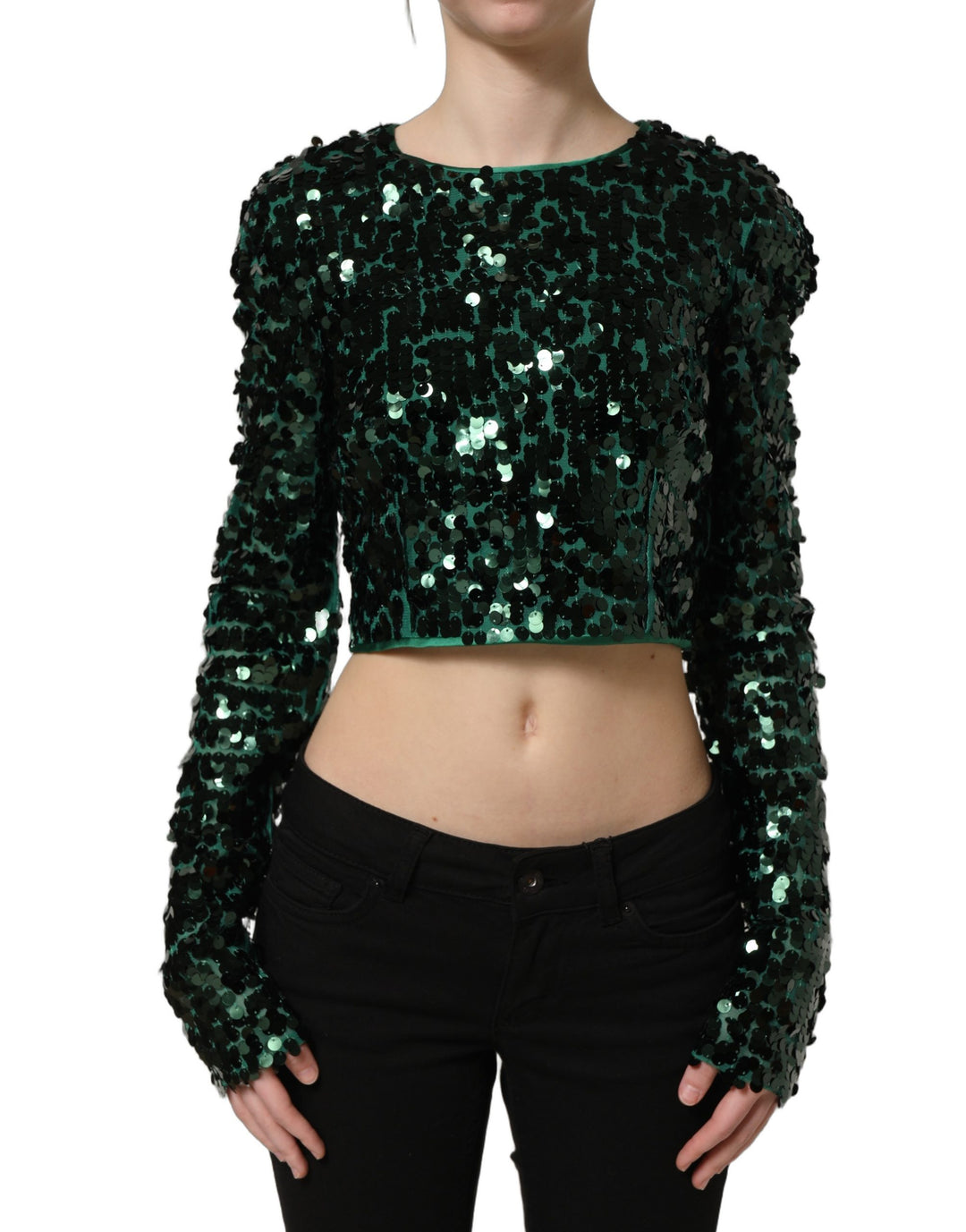 Dolce &amp; Gabbana Green Sequined Long Sleeves Crop Blouse Top