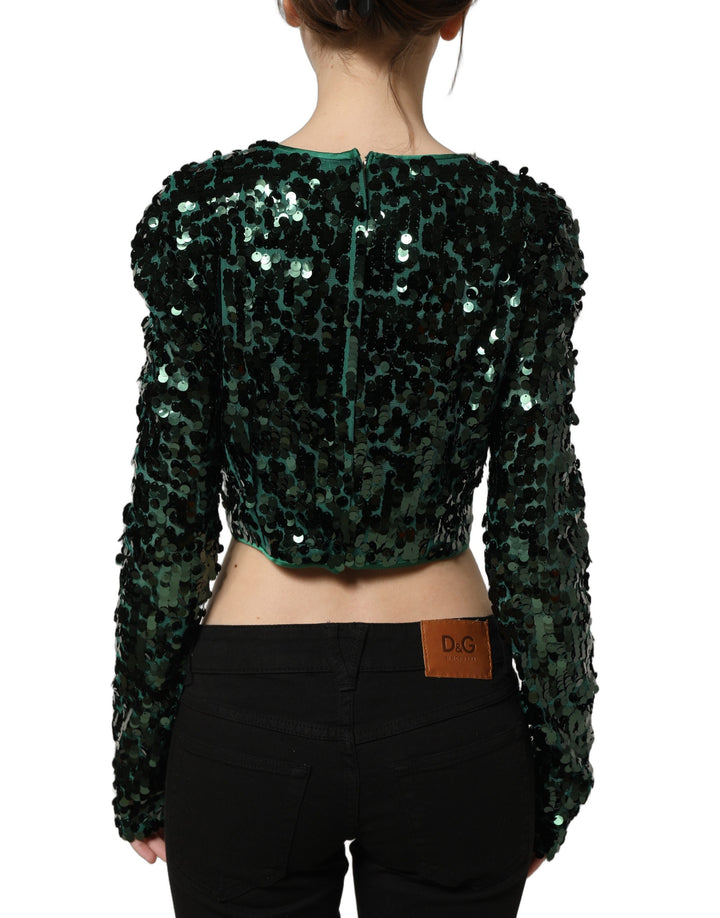 Dolce &amp; Gabbana Green Sequined Long Sleeves Crop Blouse Top