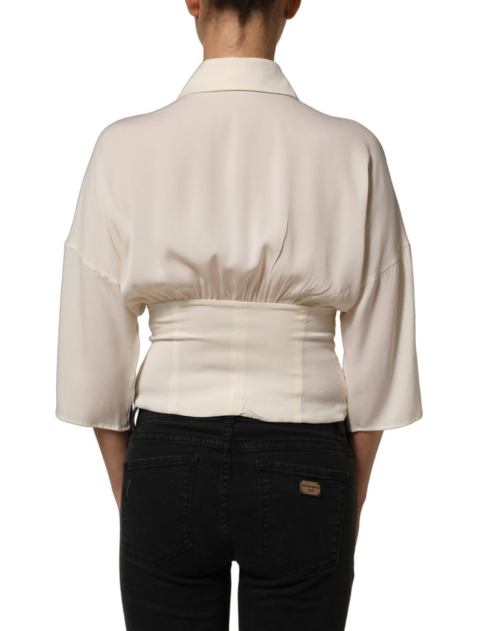 Dolce &amp; Gabbana Off White Ascot Collar Long Sleeves Blouse Top