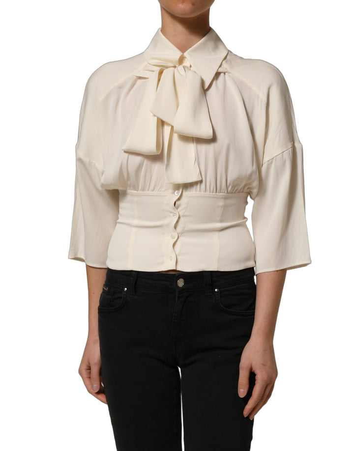 Dolce &amp; Gabbana Off White Ascot Collar Long Sleeves Blouse Top