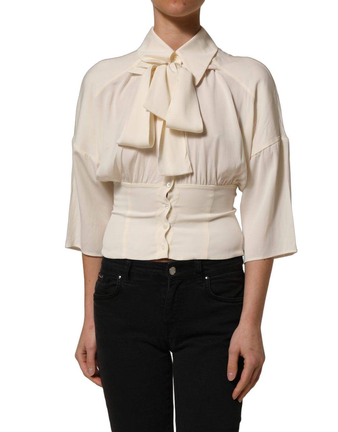Dolce &amp; Gabbana Off White Ascot Collar Long Sleeves Blouse Top