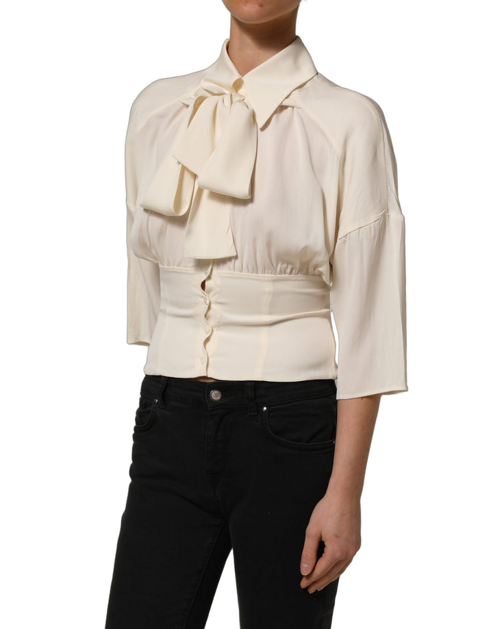 Dolce &amp; Gabbana Off White Ascot Collar Long Sleeves Blouse Top
