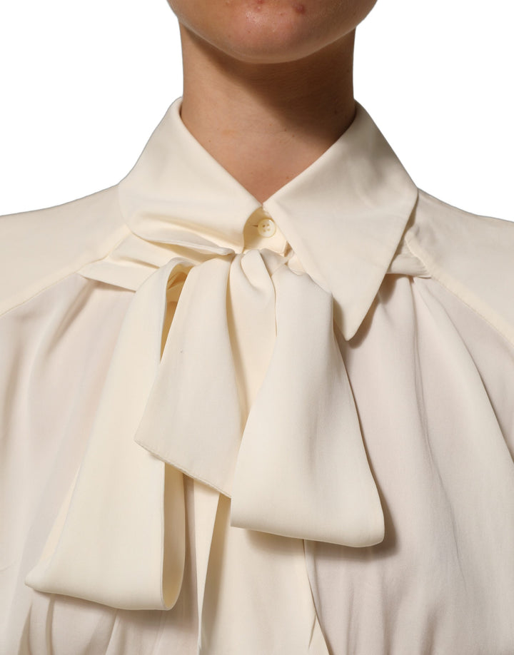 Dolce &amp; Gabbana Off White Ascot Collar Long Sleeves Blouse Top