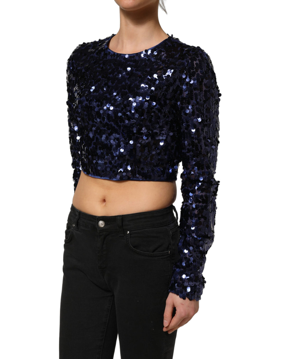 Dolce &amp; Gabbana Blue Sequined Long Sleeves Crop Blouse Top