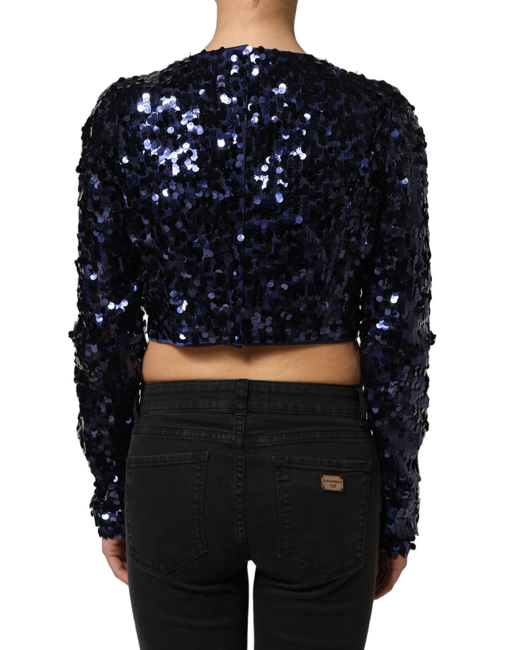 Dolce &amp; Gabbana Blue Sequined Long Sleeves Crop Blouse Top