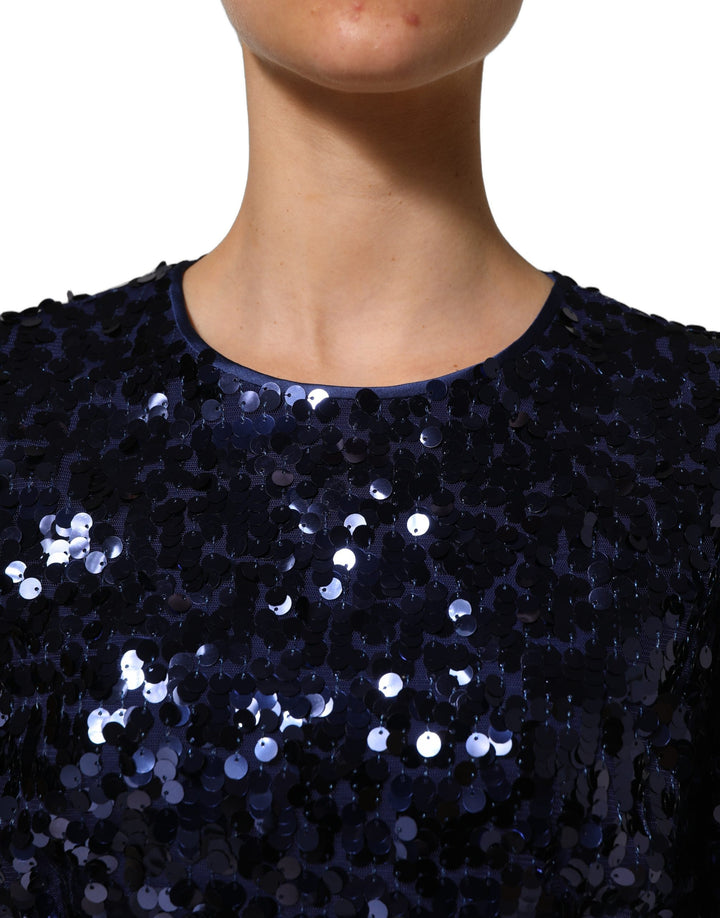Dolce &amp; Gabbana Blue Sequined Long Sleeves Crop Blouse Top