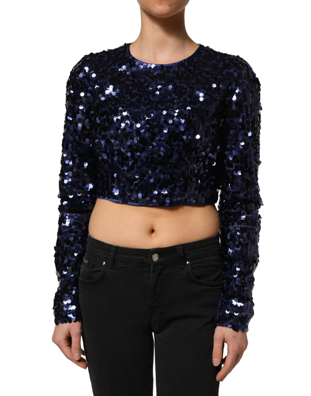 Dolce &amp; Gabbana Blue Sequined Long Sleeves Crop Blouse Top