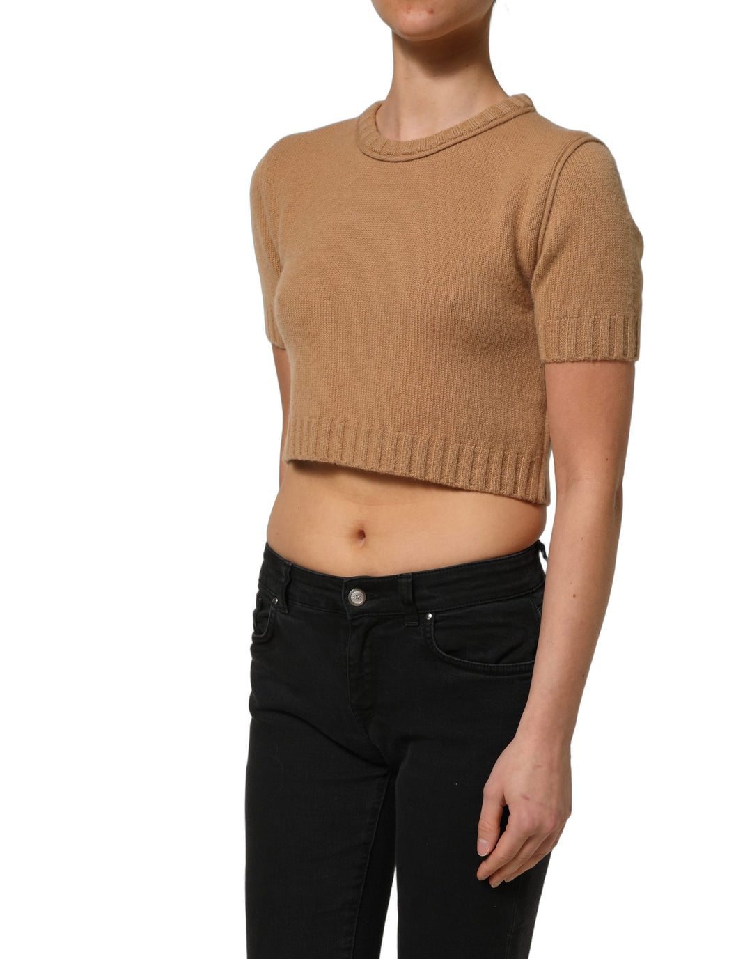 Dolce &amp; Gabbana Brown Wool Short Sleeves Cropped Blouse Top