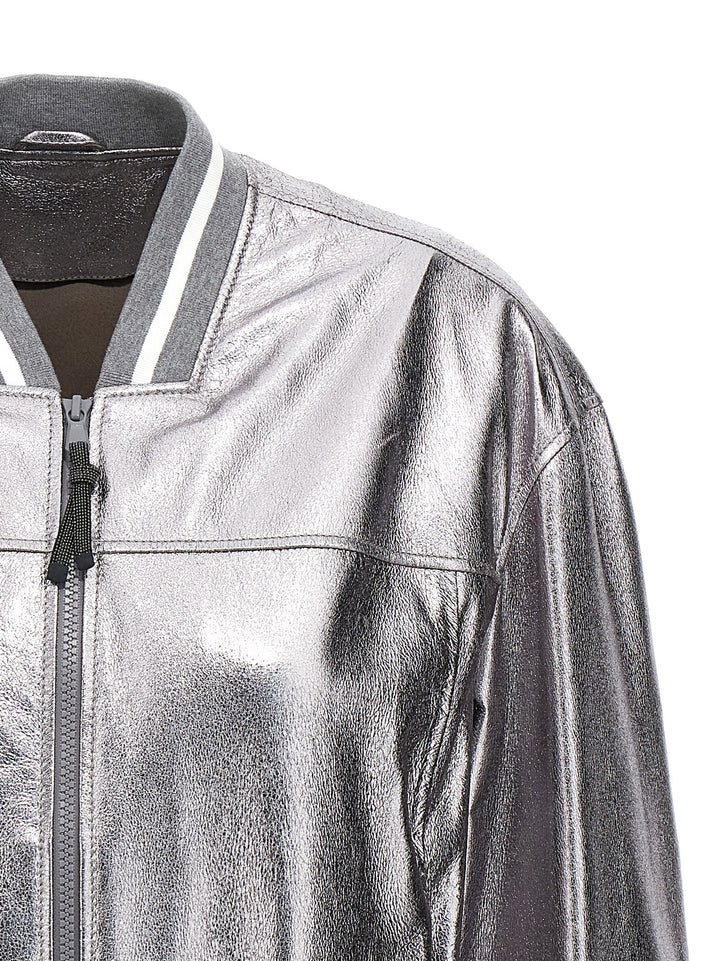 Brunello Cucinelli Silver Leather Bomber