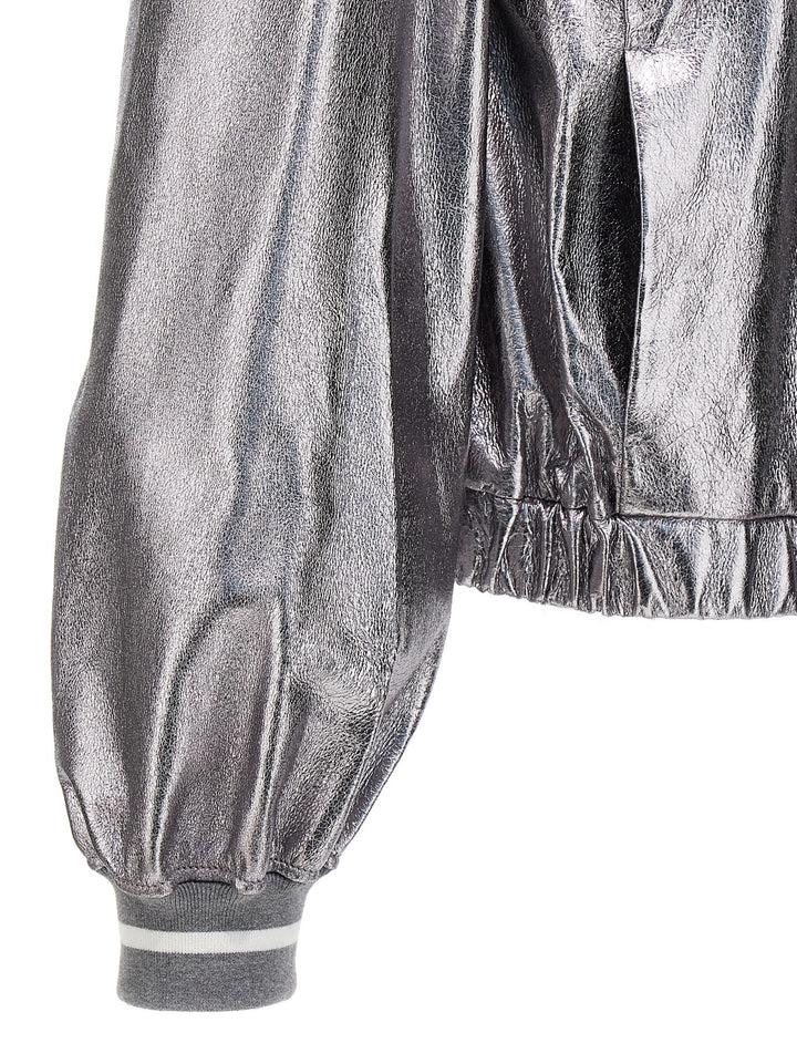 Brunello Cucinelli Silver Leather Bomber