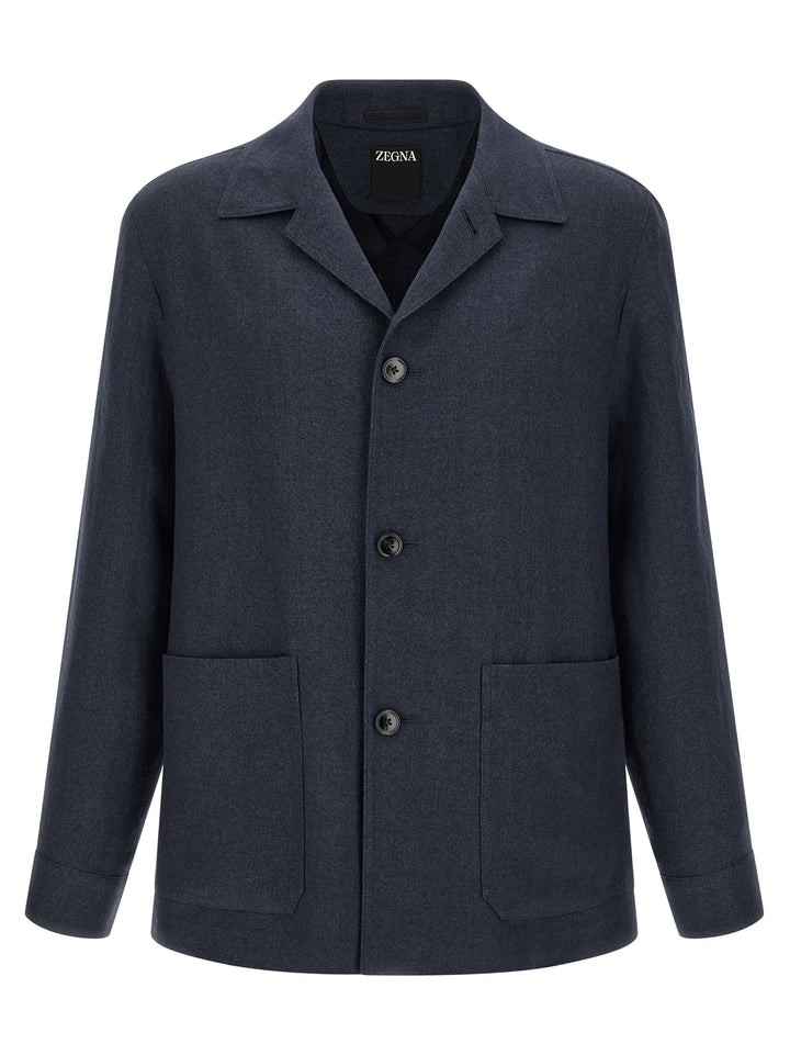 ZEGNA Blue Linen Full-Length Jacket