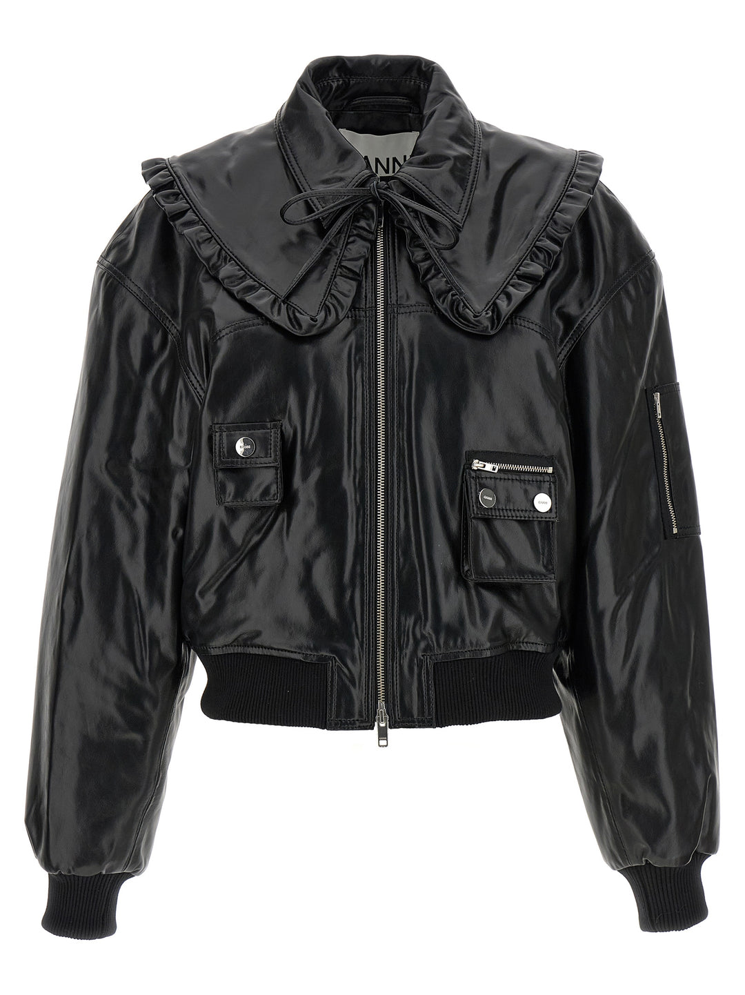 Ganni Black Leather Bomber