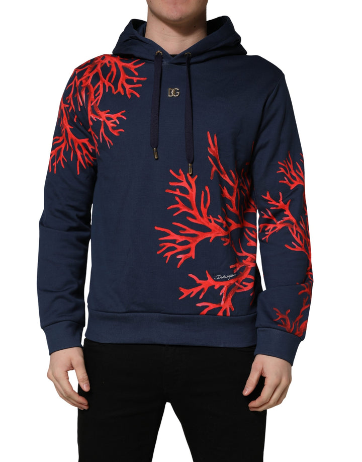 Dolce &amp; Gabbana Blue Cotton Coral Logo Hooded Sweatshirt Sweater
