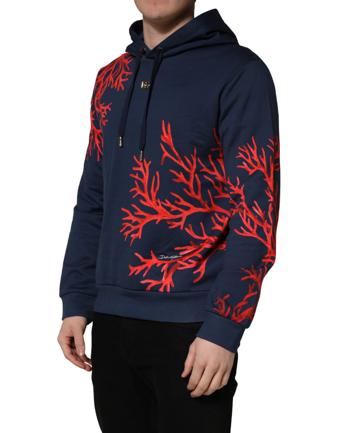 Dolce &amp; Gabbana Blue Cotton Coral Logo Hooded Sweatshirt Sweater