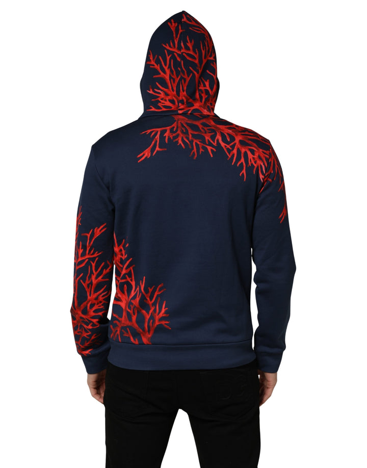 Dolce &amp; Gabbana Blue Cotton Coral Logo Hooded Sweatshirt Sweater