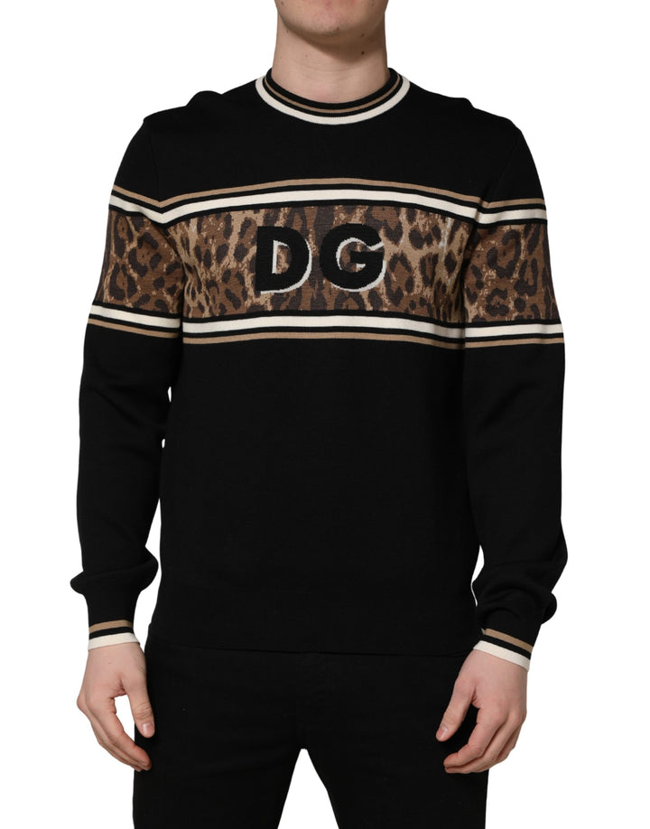 Dolce &amp; Gabbana Black Leopard Wool Crew Neck Men Pullover Sweater