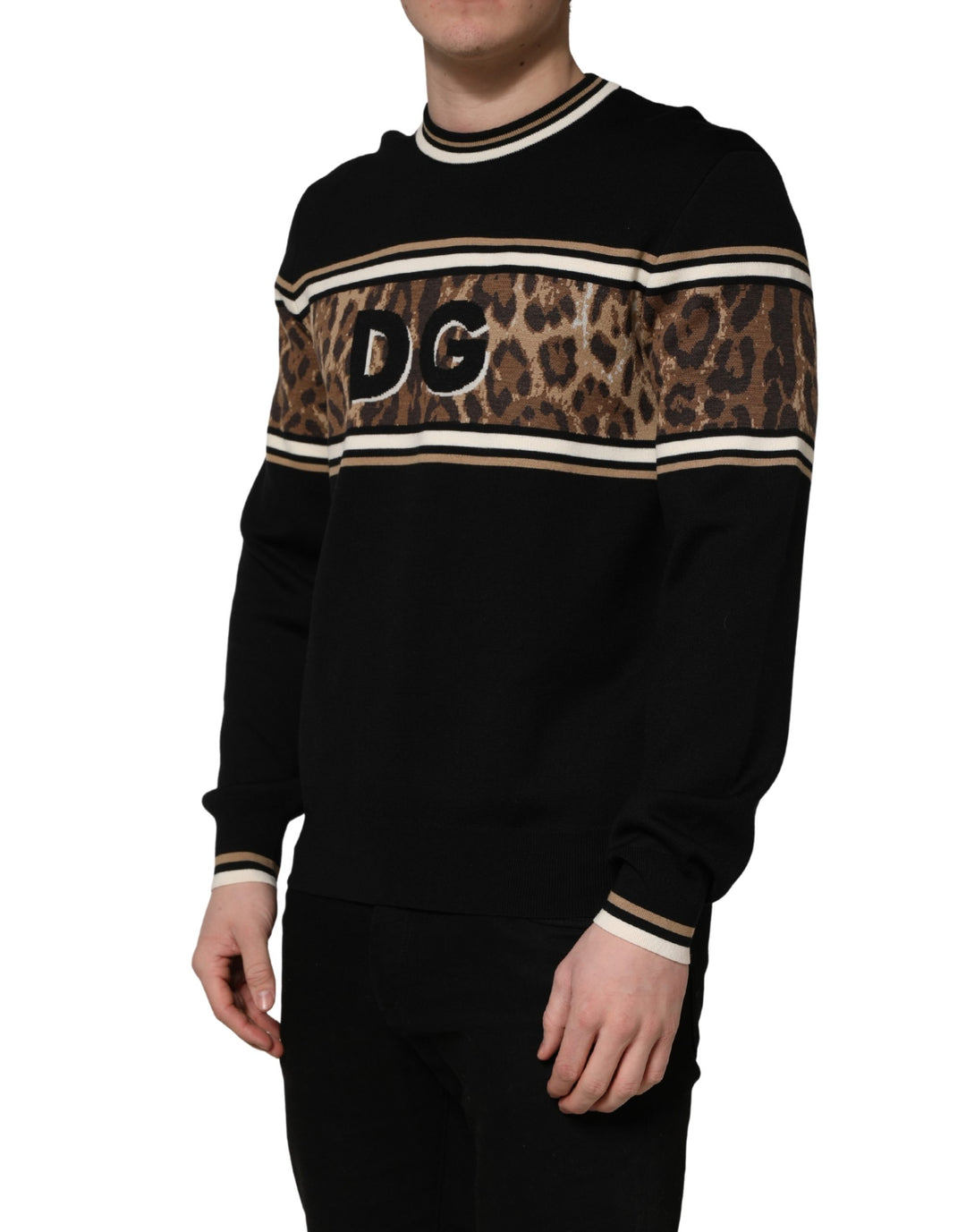 Dolce &amp; Gabbana Black Leopard Wool Crew Neck Men Pullover Sweater