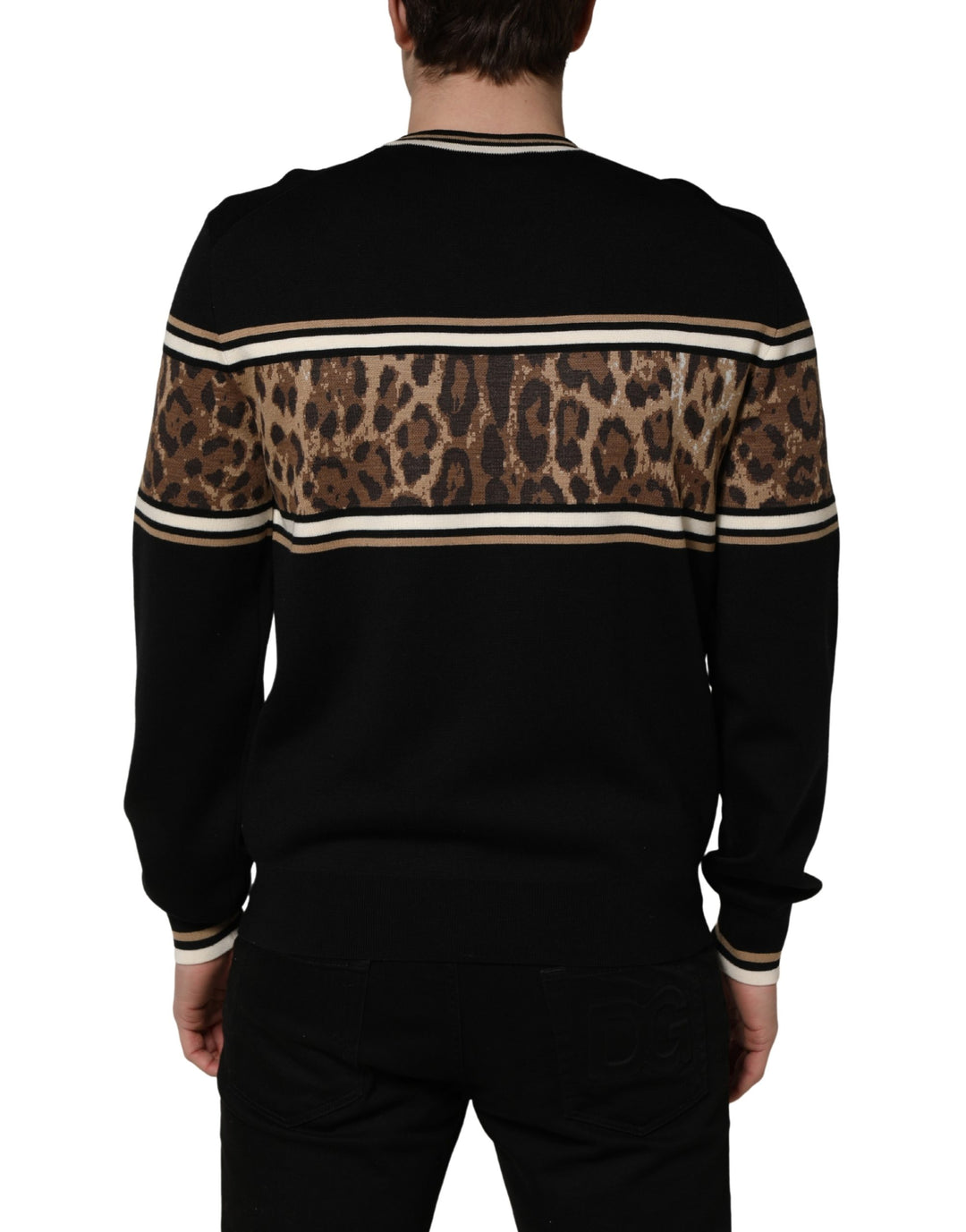 Dolce &amp; Gabbana Black Leopard Wool Crew Neck Men Pullover Sweater