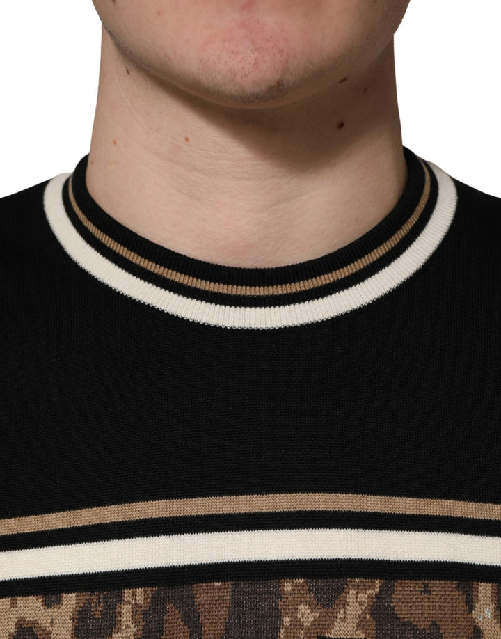 Dolce &amp; Gabbana Black Leopard Wool Crew Neck Men Pullover Sweater