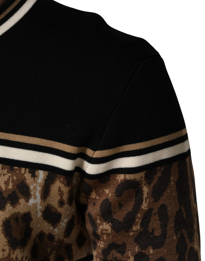 Dolce &amp; Gabbana Black Leopard Wool Crew Neck Men Pullover Sweater