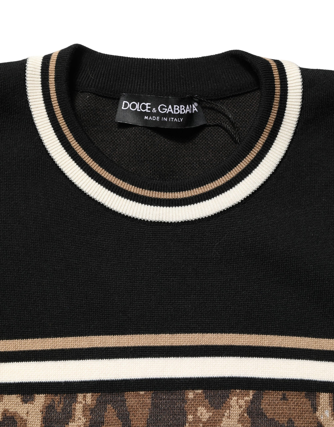 Dolce &amp; Gabbana Black Leopard Wool Crew Neck Men Pullover Sweater