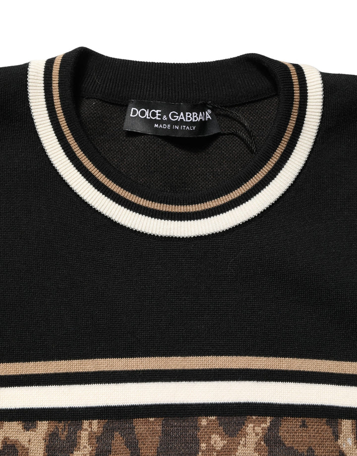 Dolce &amp; Gabbana Black Leopard Wool Crew Neck Men Pullover Sweater