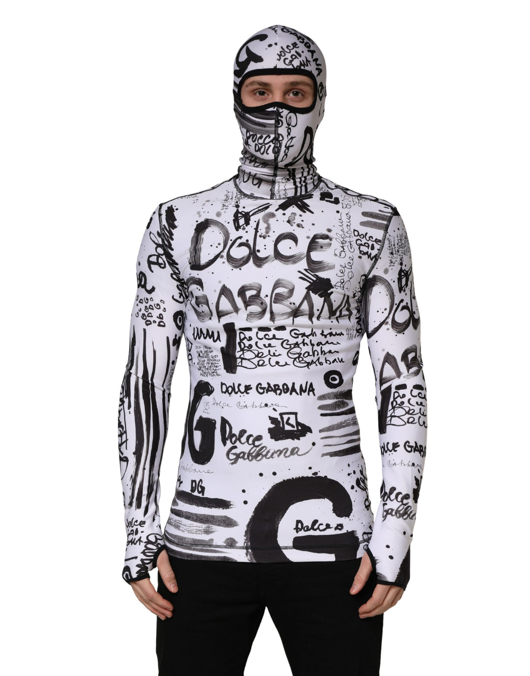 Dolce &amp; Gabbana White Jersey Graffiti Print Balaclava Hood Sweater