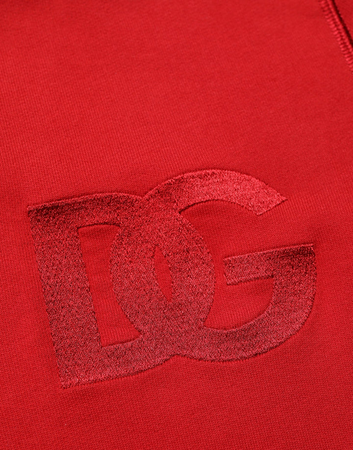 Dolce &amp; Gabbana Red Embroidered Logo Hooded Full Zip Sweater