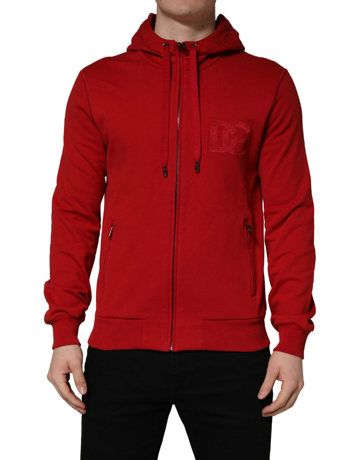 Dolce &amp; Gabbana Red Embroidered Logo Hooded Full Zip Sweater