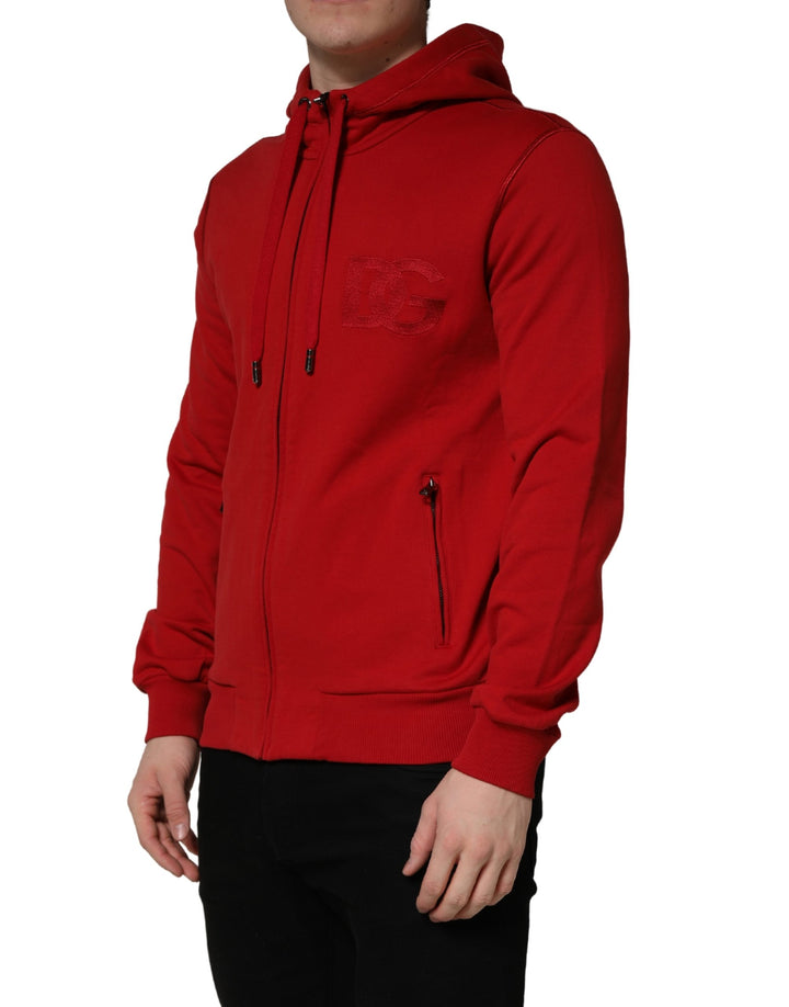 Dolce &amp; Gabbana Red Embroidered Logo Hooded Full Zip Sweater