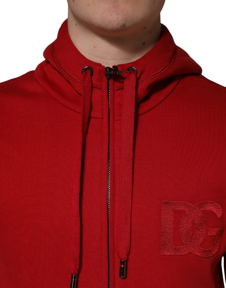 Dolce &amp; Gabbana Red Embroidered Logo Hooded Full Zip Sweater