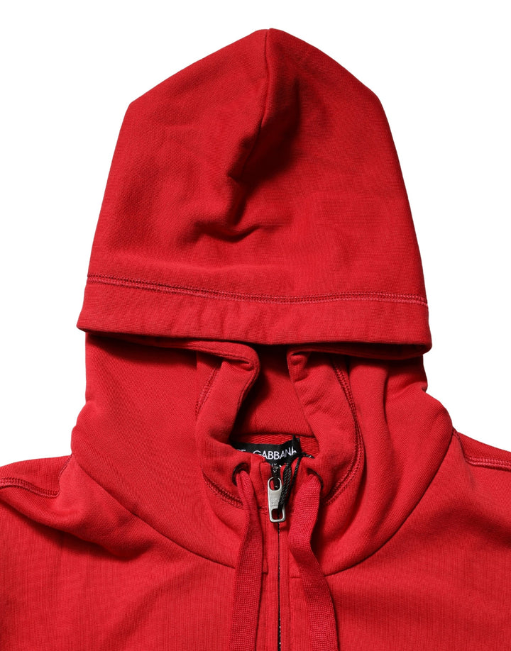 Dolce &amp; Gabbana Red Embroidered Logo Hooded Full Zip Sweater
