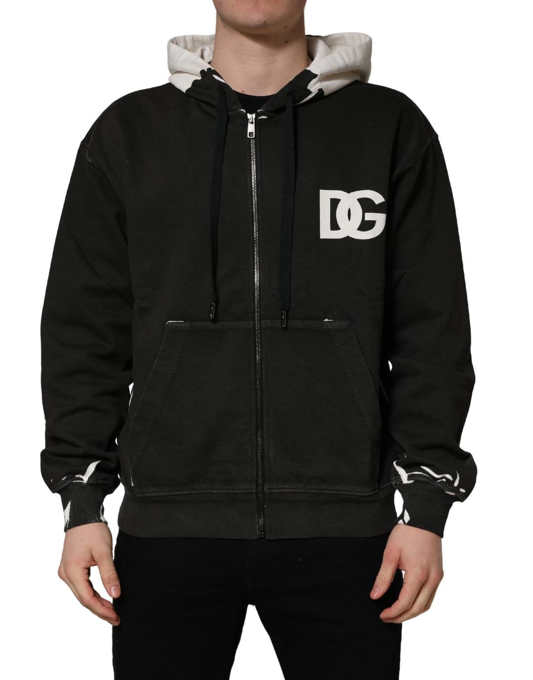 Dolce &amp; Gabbana Black Cotton Logo Hooded Full Zip Sweater