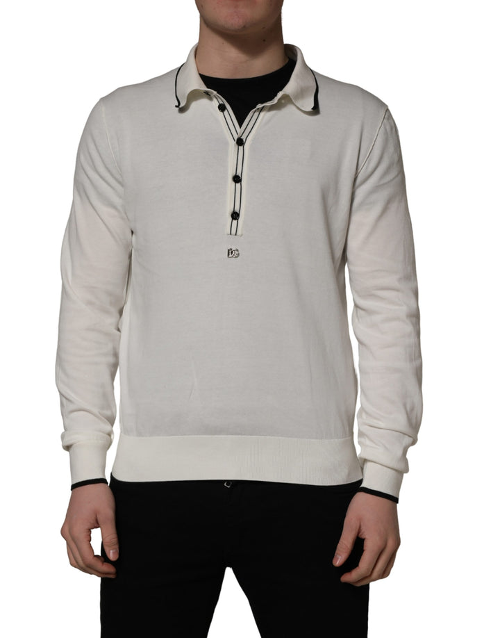 Dolce &amp; Gabbana White Cotton Blend Men Polo Pullover Sweater
