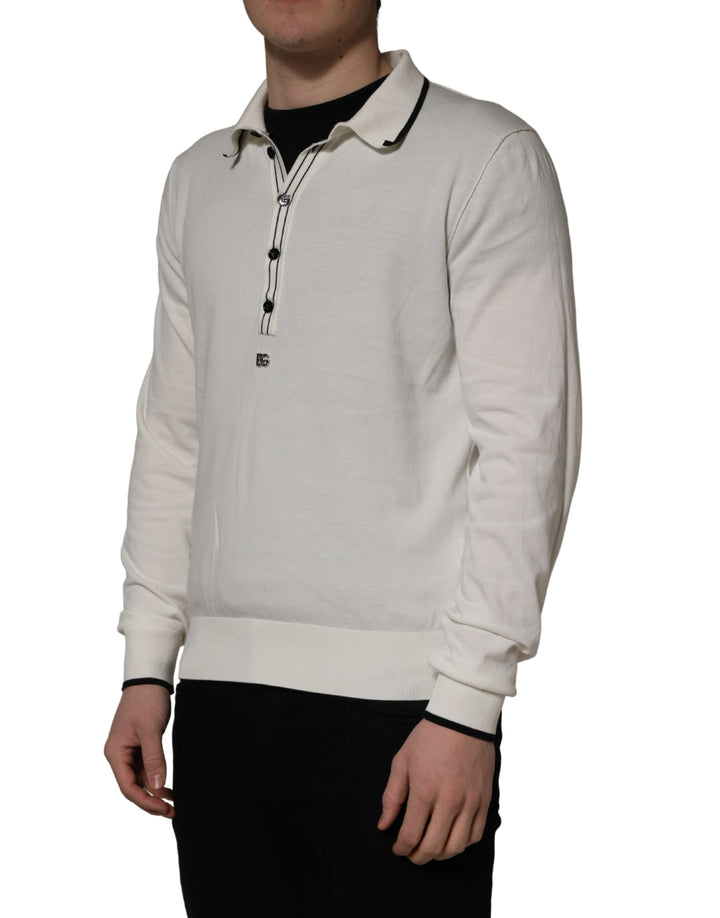 Dolce &amp; Gabbana White Cotton Blend Men Polo Pullover Sweater