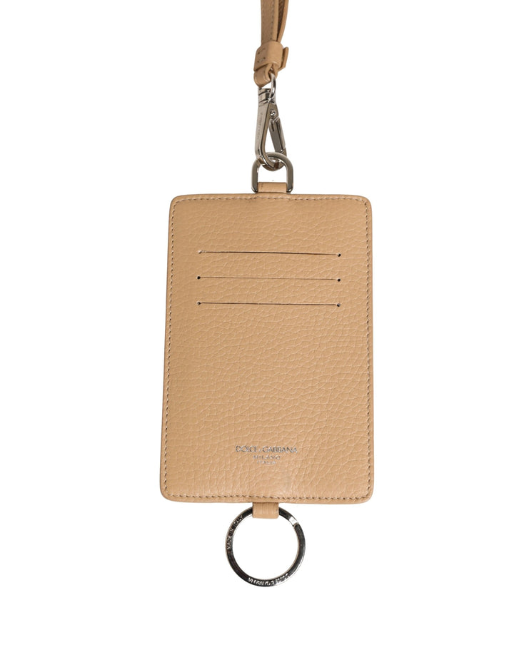 Dolce &amp; Gabbana Beige Leather Logo Embossed Lanyard Card Holder Wallet