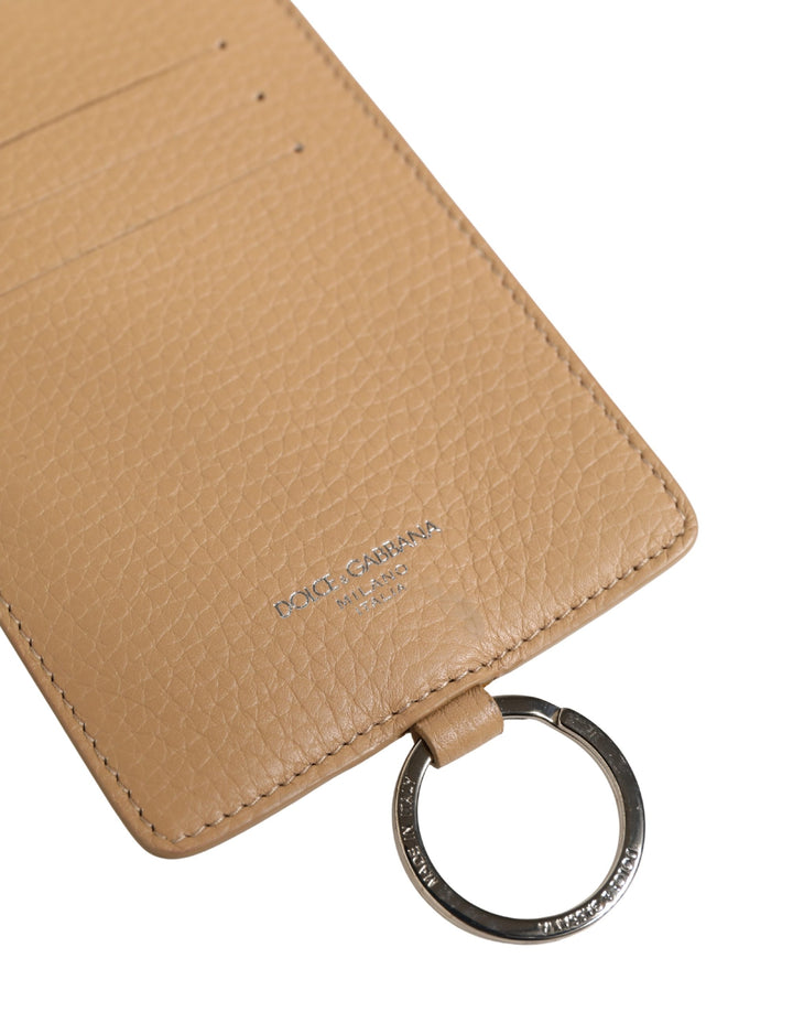 Dolce &amp; Gabbana Beige Leather Logo Embossed Lanyard Card Holder Wallet