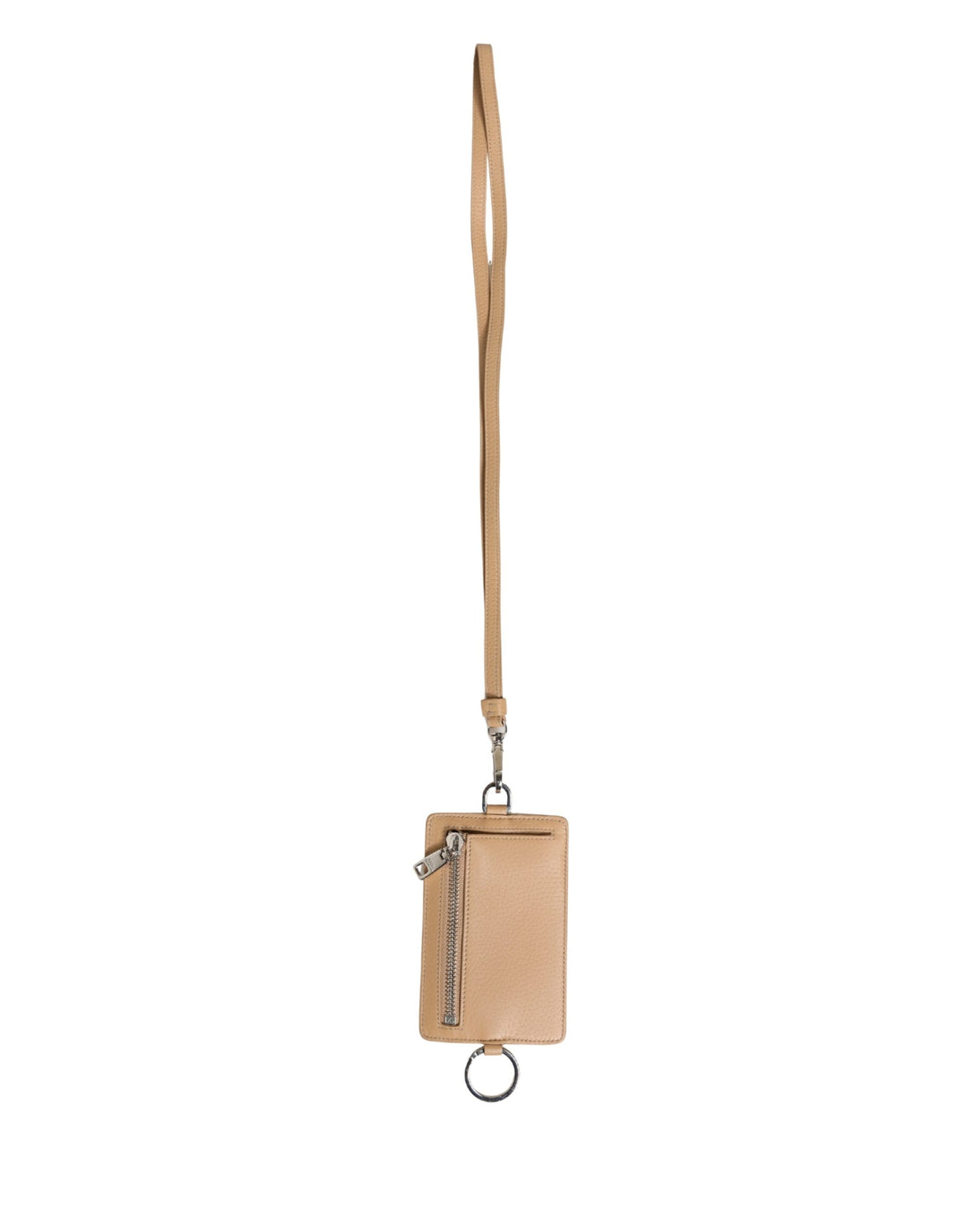 Dolce &amp; Gabbana Beige Leather Logo Embossed Lanyard Card Holder Wallet