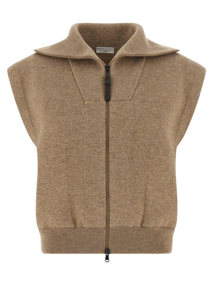 Brunello Cucinelli Beige Cashmere Sleeveless Jacket