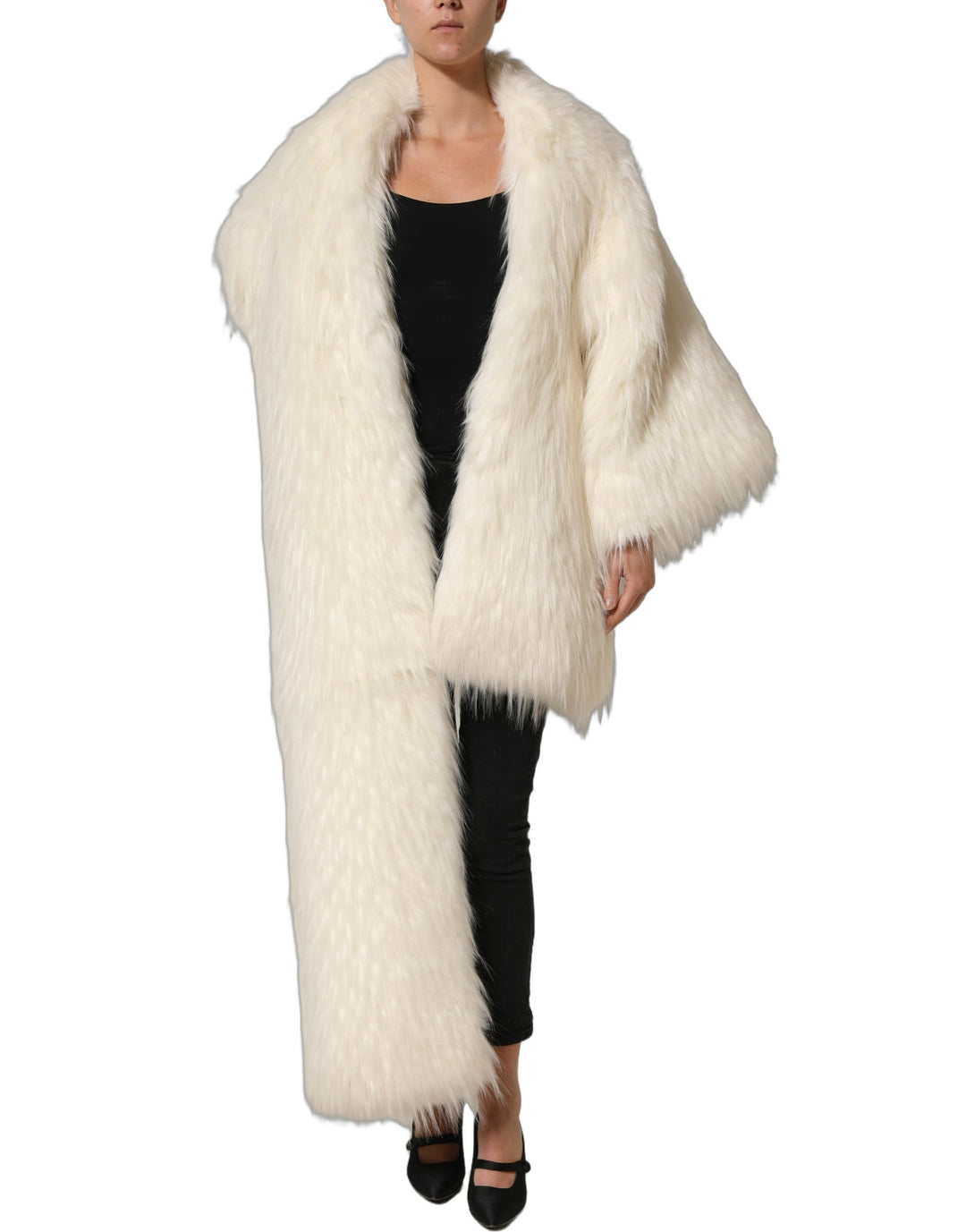 Dolce &amp; Gabbana White Faux Fur Long Sleeves Coat Jacket
